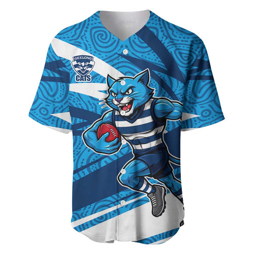 Geelong Cats Australian Football Baseball Jersey Fierce Cat Mascot With Indigenous Pattern Art