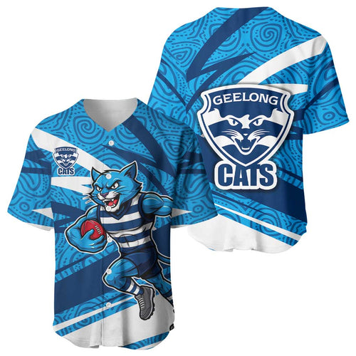 Geelong Cats Australian Football Baseball Jersey Fierce Cat Mascot With Indigenous Pattern Art