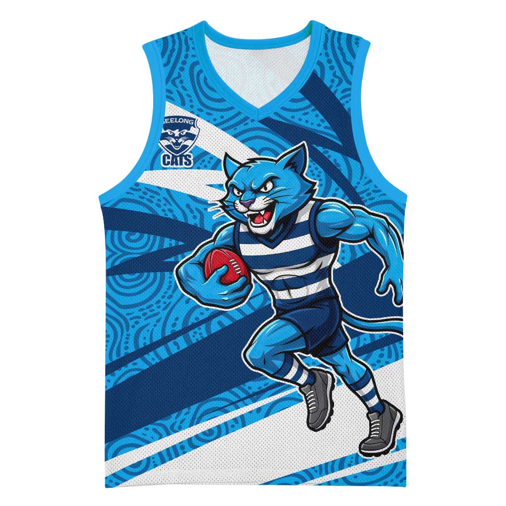 Geelong Cats Australian Football Basketball Jersey Fierce Cat Mascot With Indigenous Pattern Art