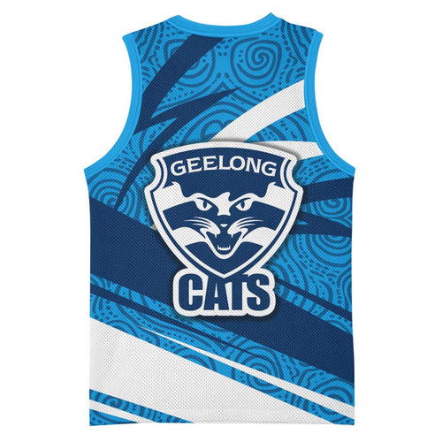 Geelong Cats Australian Football Basketball Jersey Fierce Cat Mascot With Indigenous Pattern Art