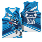 Geelong Cats Australian Football Basketball Jersey Fierce Cat Mascot With Indigenous Pattern Art