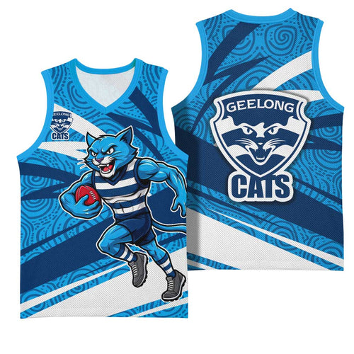 Geelong Cats Australian Football Basketball Jersey Fierce Cat Mascot With Indigenous Pattern Art
