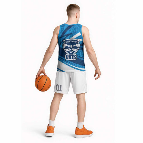 Geelong Cats Australian Football Basketball Jersey Fierce Cat Mascot With Indigenous Pattern Art