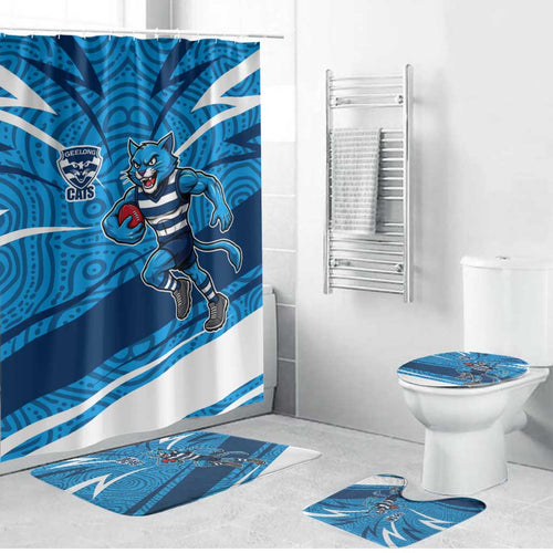 Geelong Cats Australian Football Bathroom Set Fierce Cat Mascot With Indigenous Pattern Art