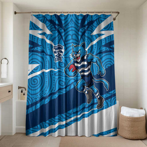 Geelong Cats Australian Football Bathroom Set Fierce Cat Mascot With Indigenous Pattern Art