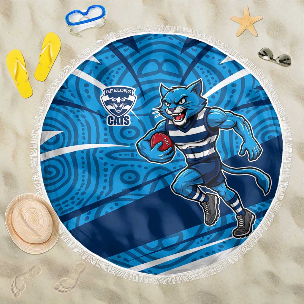 Geelong Cats Australian Football Beach Blanket Fierce Cat Mascot With Indigenous Pattern Art