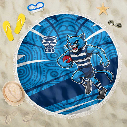 Geelong Cats Australian Football Beach Blanket Fierce Cat Mascot With Indigenous Pattern Art