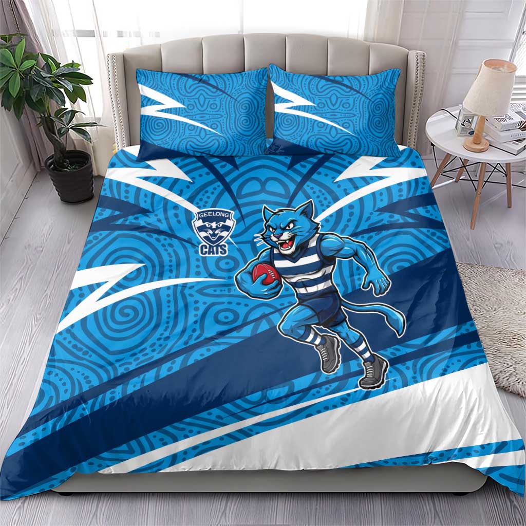 Geelong Cats Australian Football Bedding Set Fierce Cat Mascot With Indigenous Pattern Art
