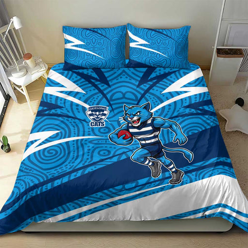 Geelong Cats Australian Football Bedding Set Fierce Cat Mascot With Indigenous Pattern Art