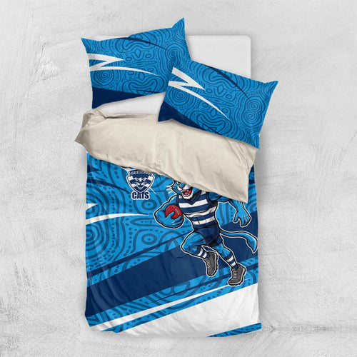 Geelong Cats Australian Football Bedding Set Fierce Cat Mascot With Indigenous Pattern Art