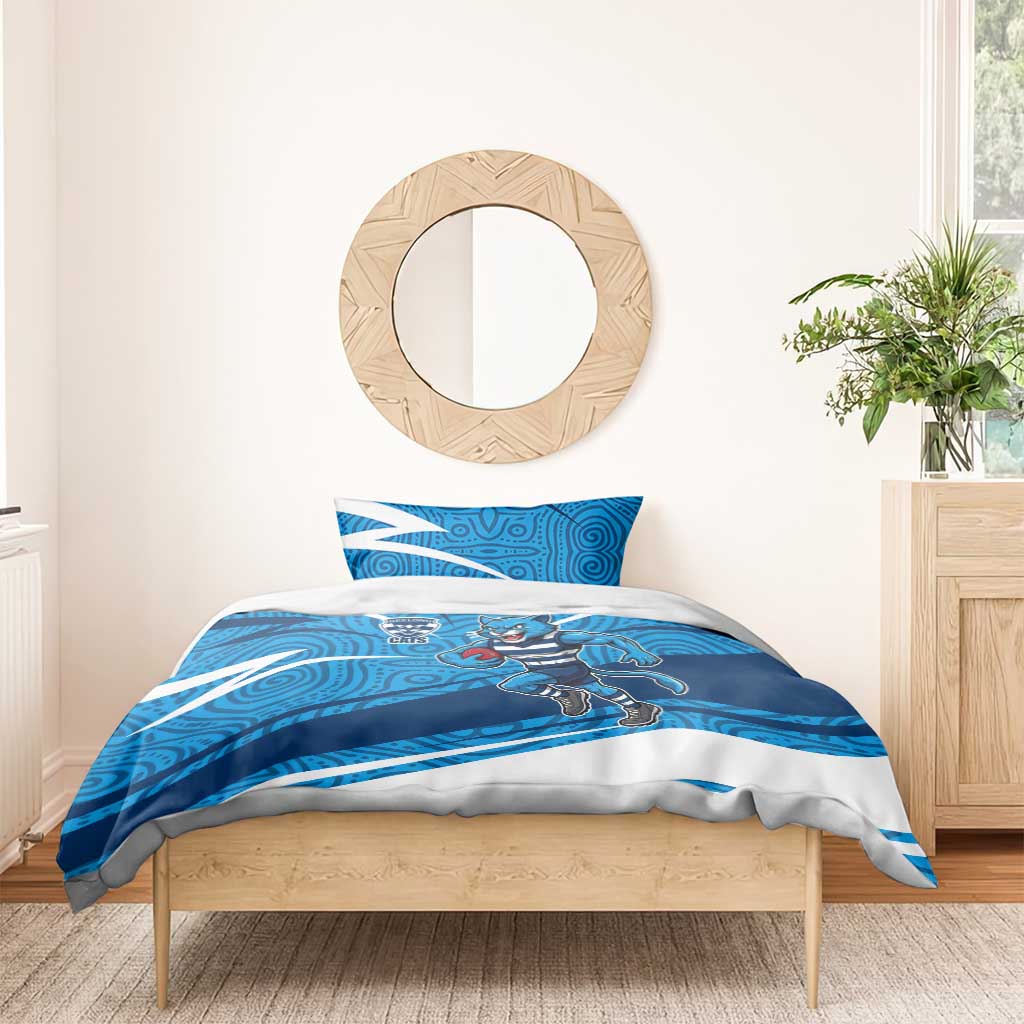 Geelong Cats Australian Football Bedding Set Fierce Cat Mascot With Indigenous Pattern Art