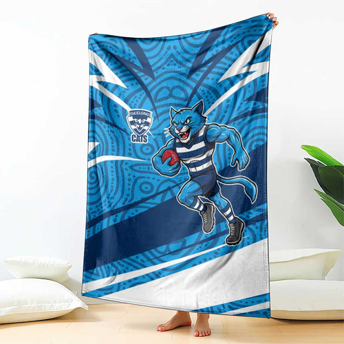 Geelong Cats Australian Football Blanket Fierce Cat Mascot With Indigenous Pattern Art