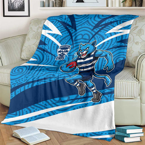Geelong Cats Australian Football Blanket Fierce Cat Mascot With Indigenous Pattern Art