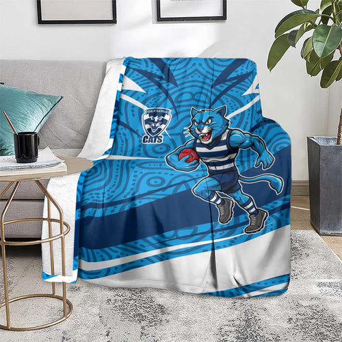Geelong Cats Australian Football Blanket Fierce Cat Mascot With Indigenous Pattern Art