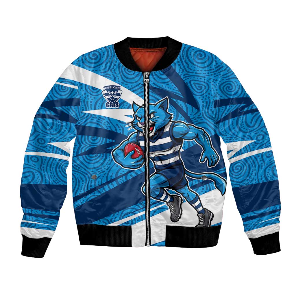 Geelong Cats Australian Football Bomber Jacket Fierce Cat Mascot With Indigenous Pattern Art