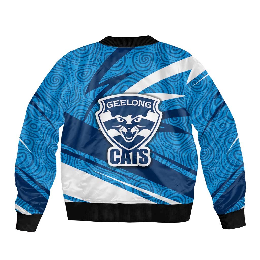 Geelong Cats Australian Football Bomber Jacket Fierce Cat Mascot With Indigenous Pattern Art