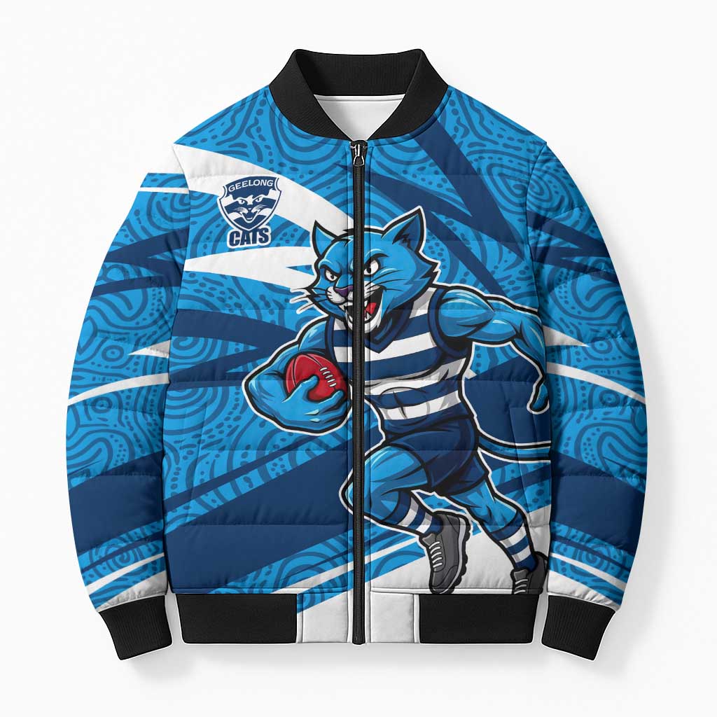 Geelong Cats Australian Football Bomber Puffer Jacket Fierce Cat Mascot With Indigenous Pattern Art