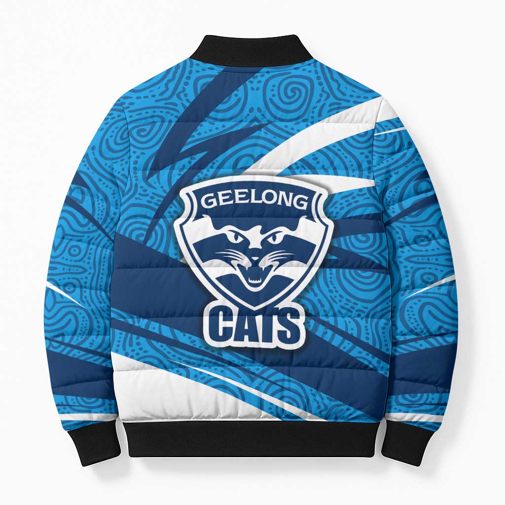 Geelong Cats Australian Football Bomber Puffer Jacket Fierce Cat Mascot With Indigenous Pattern Art