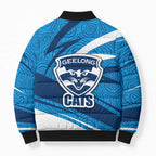 Geelong Cats Australian Football Bomber Puffer Jacket Fierce Cat Mascot With Indigenous Pattern Art