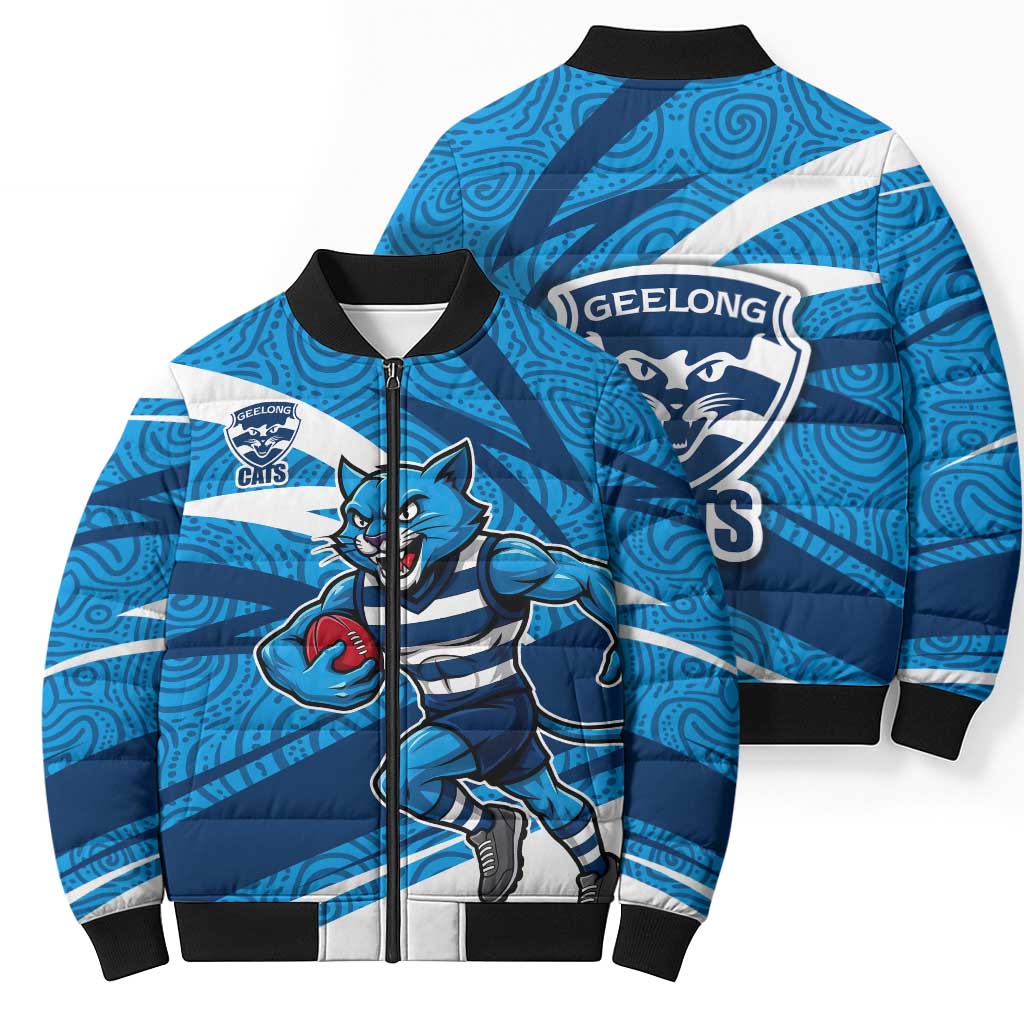 Geelong Cats Australian Football Bomber Puffer Jacket Fierce Cat Mascot With Indigenous Pattern Art