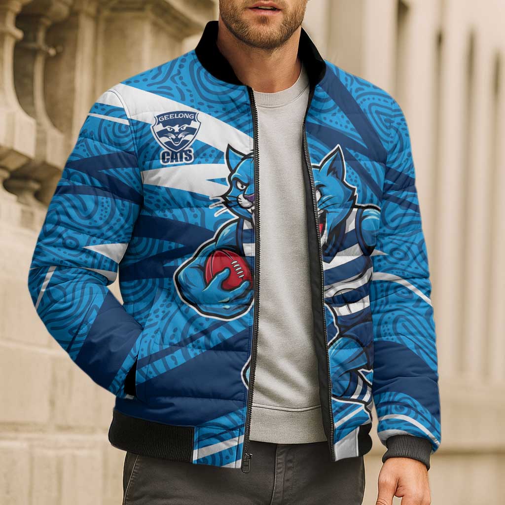 Geelong Cats Australian Football Bomber Puffer Jacket Fierce Cat Mascot With Indigenous Pattern Art