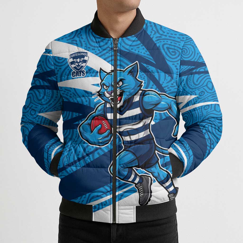 Geelong Cats Australian Football Bomber Puffer Jacket Fierce Cat Mascot With Indigenous Pattern Art