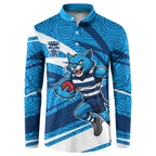 Geelong Cats Australian Football Button Sweatshirt Fierce Cat Mascot With Indigenous Pattern Art