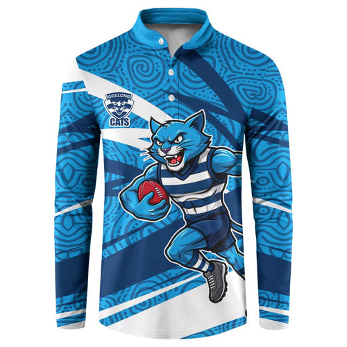 Geelong Cats Australian Football Button Sweatshirt Fierce Cat Mascot With Indigenous Pattern Art