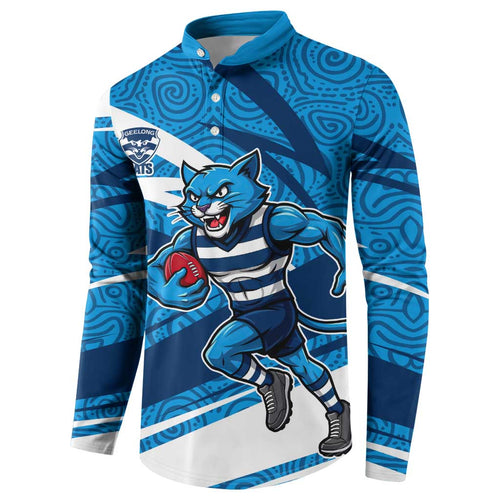 Geelong Cats Australian Football Button Sweatshirt Fierce Cat Mascot With Indigenous Pattern Art