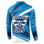 Geelong Cats Australian Football Button Sweatshirt Fierce Cat Mascot With Indigenous Pattern Art