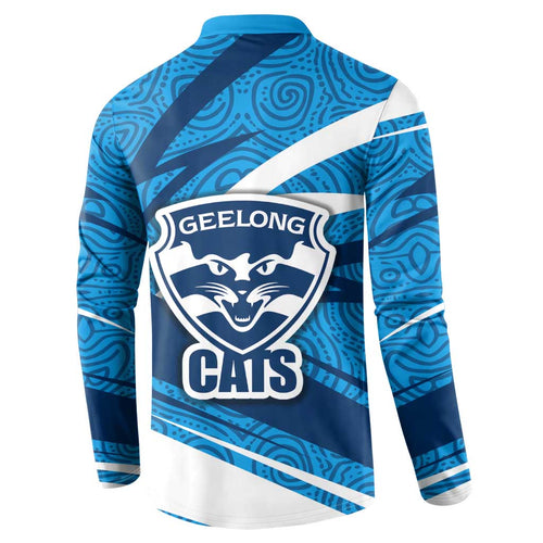 Geelong Cats Australian Football Button Sweatshirt Fierce Cat Mascot With Indigenous Pattern Art