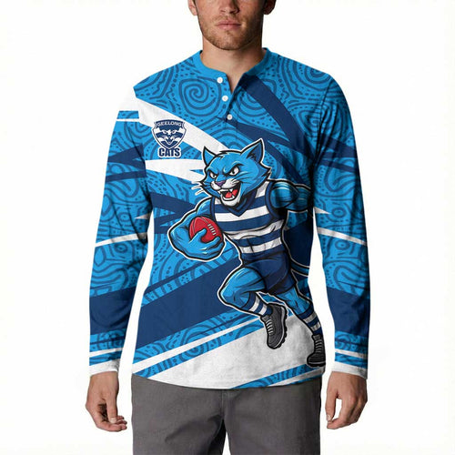 Geelong Cats Australian Football Button Sweatshirt Fierce Cat Mascot With Indigenous Pattern Art