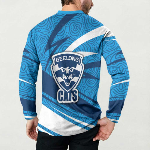 Geelong Cats Australian Football Button Sweatshirt Fierce Cat Mascot With Indigenous Pattern Art