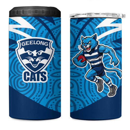 Geelong Cats Australian Football 4 in 1 Can Cooler Tumbler Fierce Cat Mascot With Indigenous Pattern Art