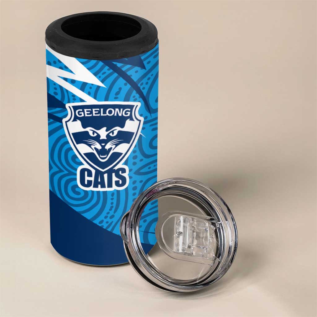 Geelong Cats Australian Football 4 in 1 Can Cooler Tumbler Fierce Cat Mascot With Indigenous Pattern Art