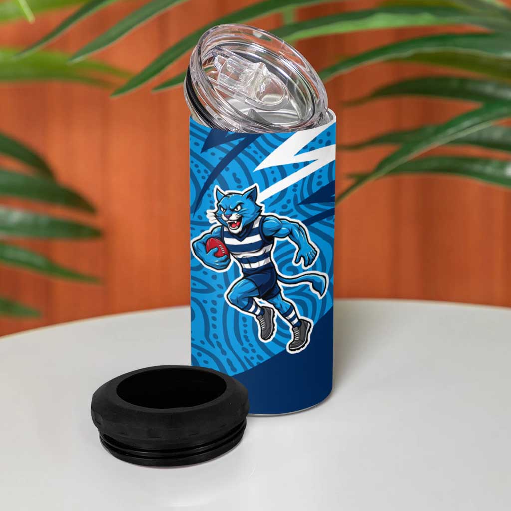 Geelong Cats Australian Football 4 in 1 Can Cooler Tumbler Fierce Cat Mascot With Indigenous Pattern Art