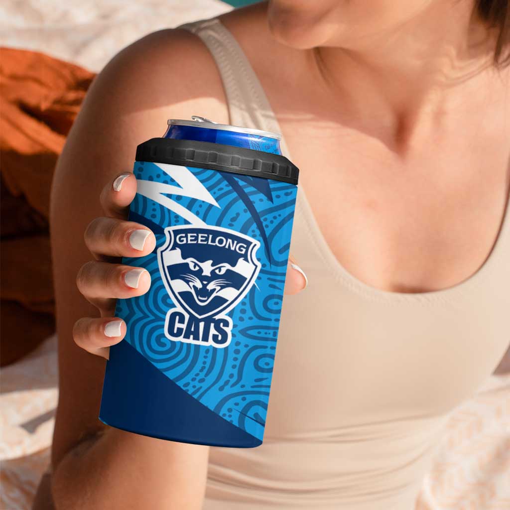 Geelong Cats Australian Football 4 in 1 Can Cooler Tumbler Fierce Cat Mascot With Indigenous Pattern Art