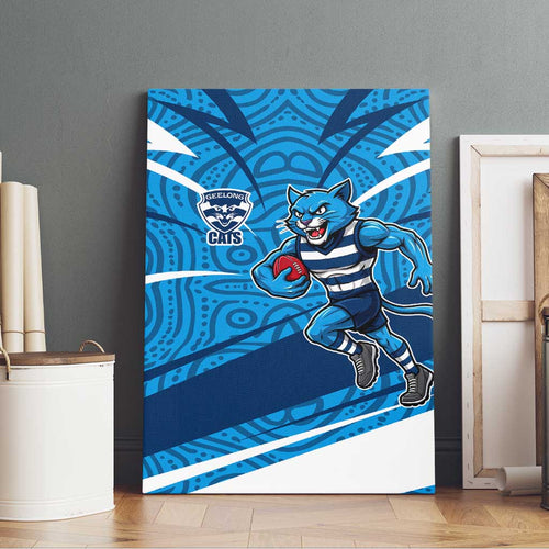 Geelong Cats Australian Football Canvas Wall Art Fierce Cat Mascot With Indigenous Pattern Art