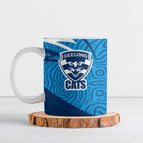 Geelong Cats Australian Football Ceramic Mug Fierce Cat Mascot With Indigenous Pattern Art