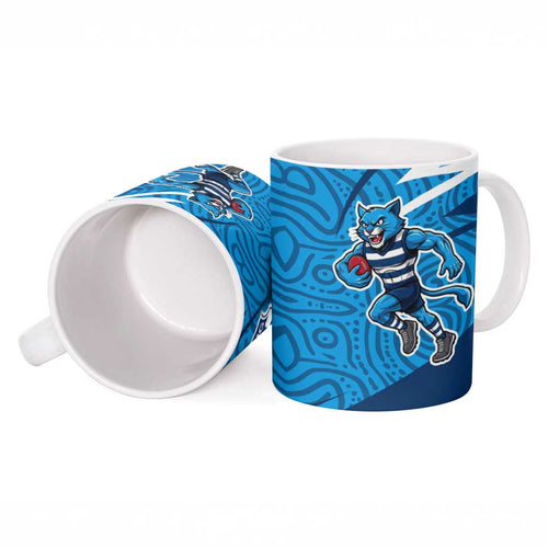 Geelong Cats Australian Football Ceramic Mug Fierce Cat Mascot With Indigenous Pattern Art