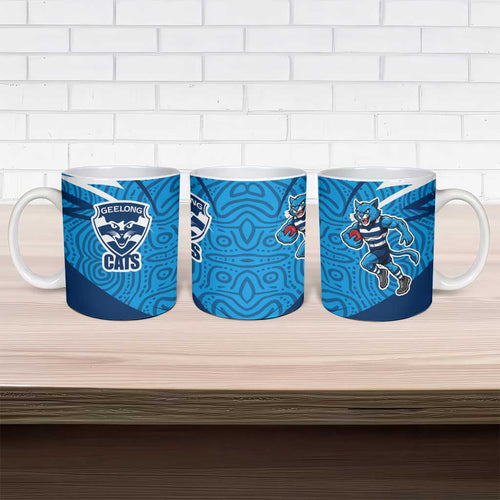 Geelong Cats Australian Football Ceramic Mug Fierce Cat Mascot With Indigenous Pattern Art