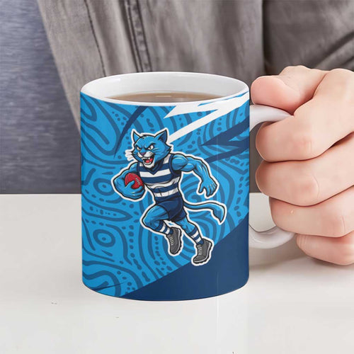 Geelong Cats Australian Football Ceramic Mug Fierce Cat Mascot With Indigenous Pattern Art