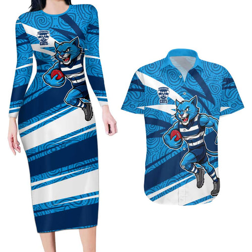 Geelong Cats Australian Football Couples Matching Long Sleeve Bodycon Dress and Hawaiian Shirt Fierce Cat Mascot With Indigenous Pattern Art