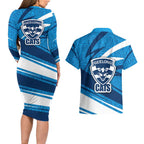 Geelong Cats Australian Football Couples Matching Long Sleeve Bodycon Dress and Hawaiian Shirt Fierce Cat Mascot With Indigenous Pattern Art
