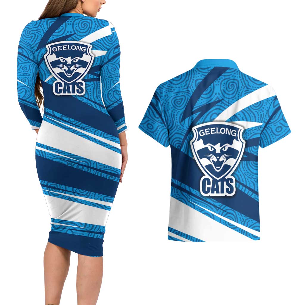 Geelong Cats Australian Football Couples Matching Long Sleeve Bodycon Dress and Hawaiian Shirt Fierce Cat Mascot With Indigenous Pattern Art