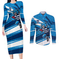 Geelong Cats Australian Football Couples Matching Long Sleeve Bodycon Dress and Long Sleeve Button Shirt Fierce Cat Mascot With Indigenous Pattern Art