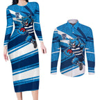 Geelong Cats Australian Football Couples Matching Long Sleeve Bodycon Dress and Long Sleeve Button Shirt Fierce Cat Mascot With Indigenous Pattern Art