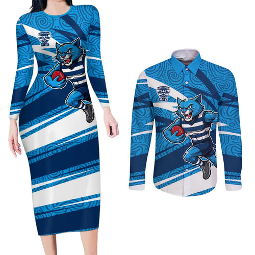 Geelong Cats Australian Football Couples Matching Long Sleeve Bodycon Dress and Long Sleeve Button Shirt Fierce Cat Mascot With Indigenous Pattern Art