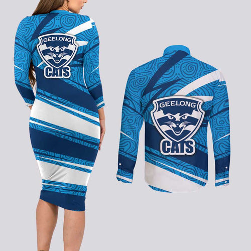Geelong Cats Australian Football Couples Matching Long Sleeve Bodycon Dress and Long Sleeve Button Shirt Fierce Cat Mascot With Indigenous Pattern Art