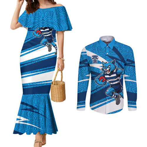 Geelong Cats Australian Football Couples Matching Mermaid Dress and Long Sleeve Button Shirt Fierce Cat Mascot With Indigenous Pattern Art